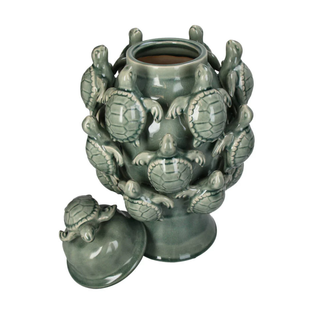 Green Glazed Stoneware Turtle Decorative Vase - Image 2