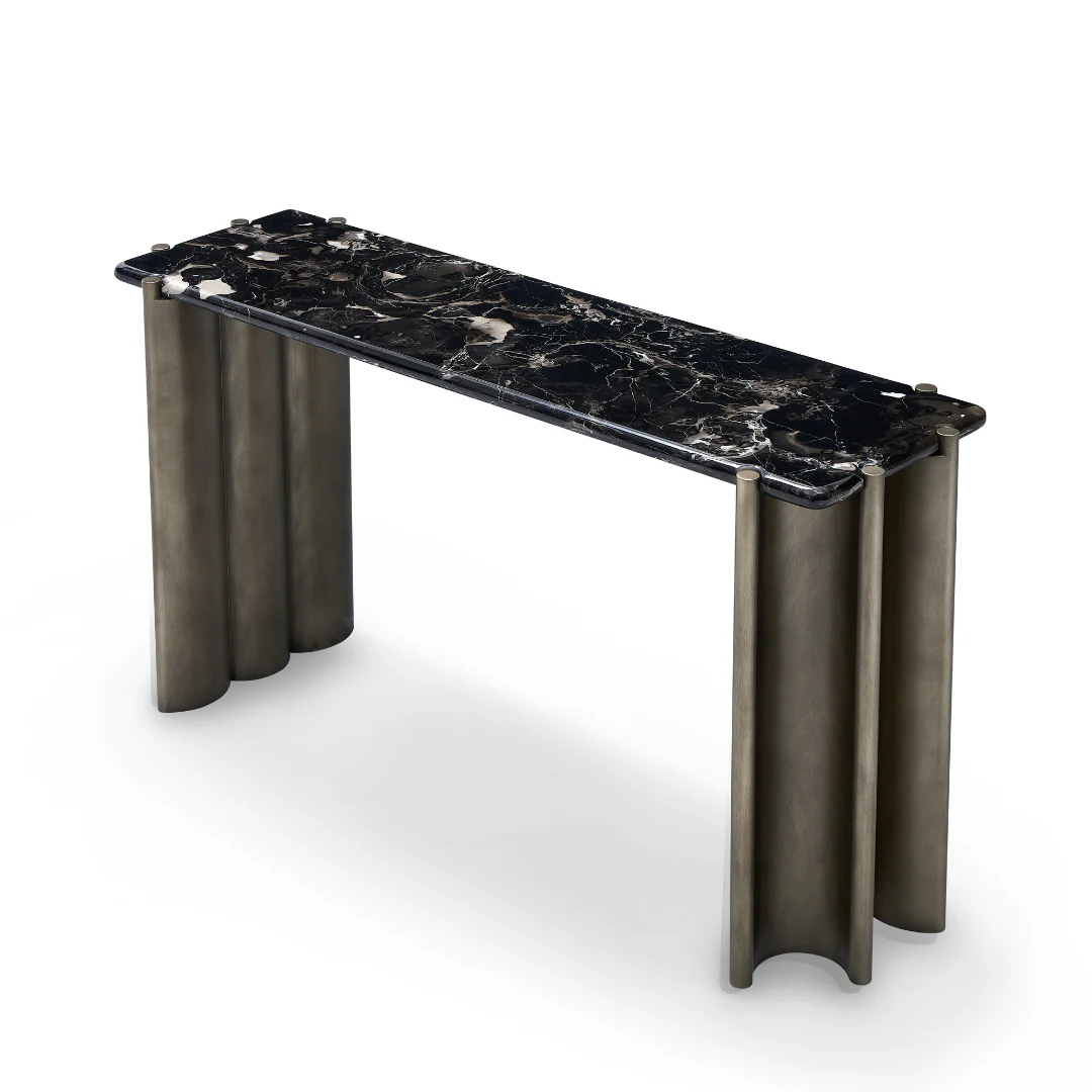 Vero Black Rose Marble Console Table - Brass - Image 3