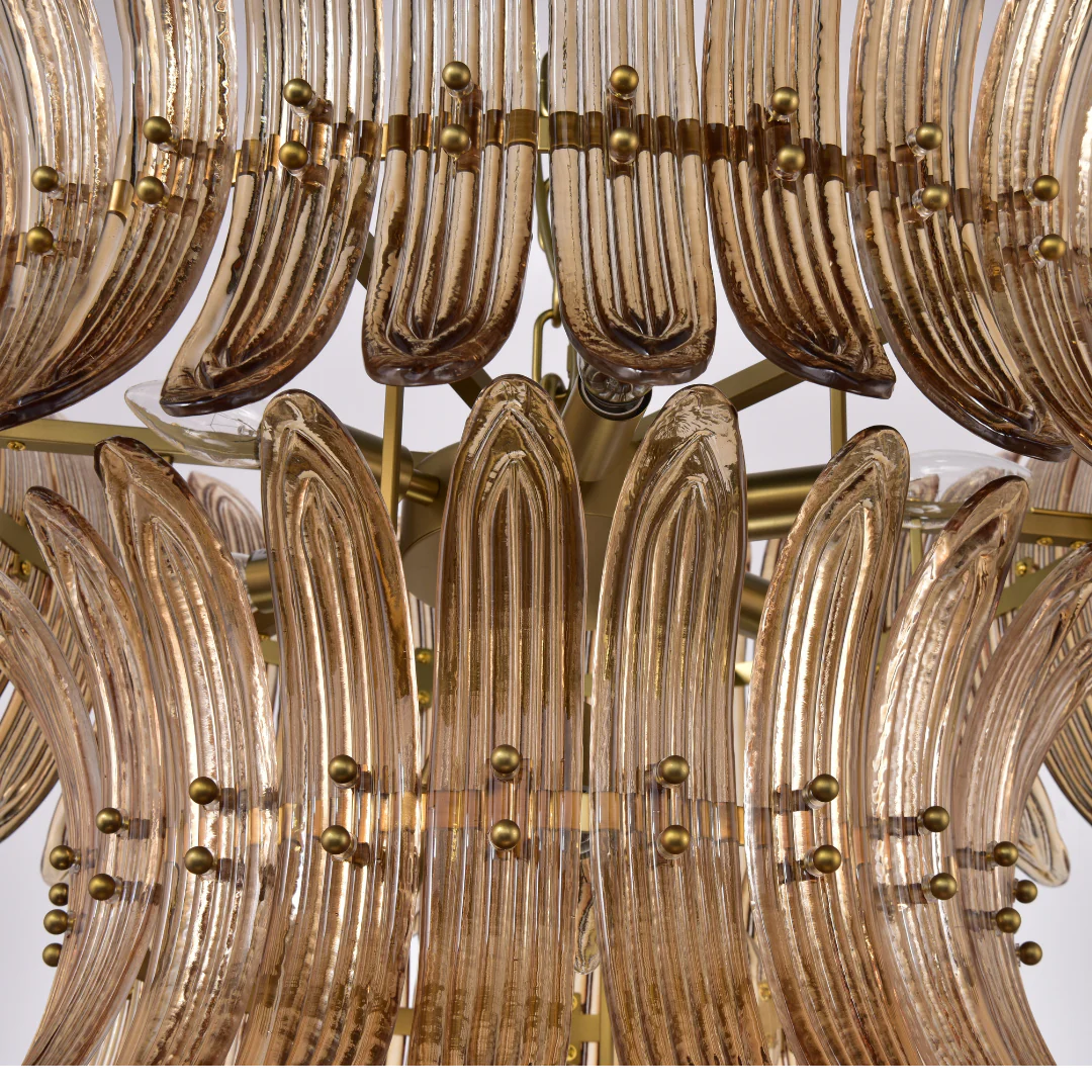 Willow Brass Hairline Finish Amber Glass Chandelier - Image 10