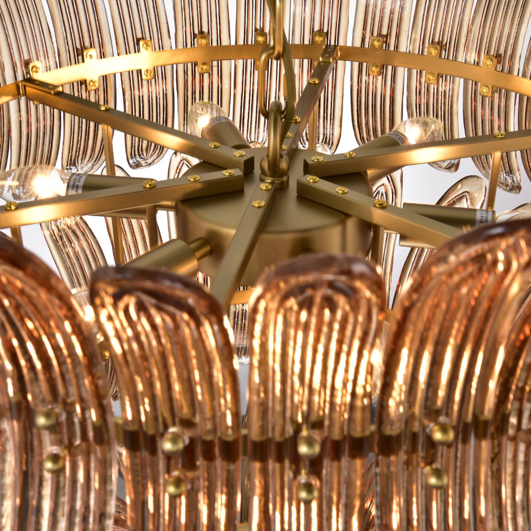 Willow Brass Hairline Finish Amber Glass Chandelier - Image 7