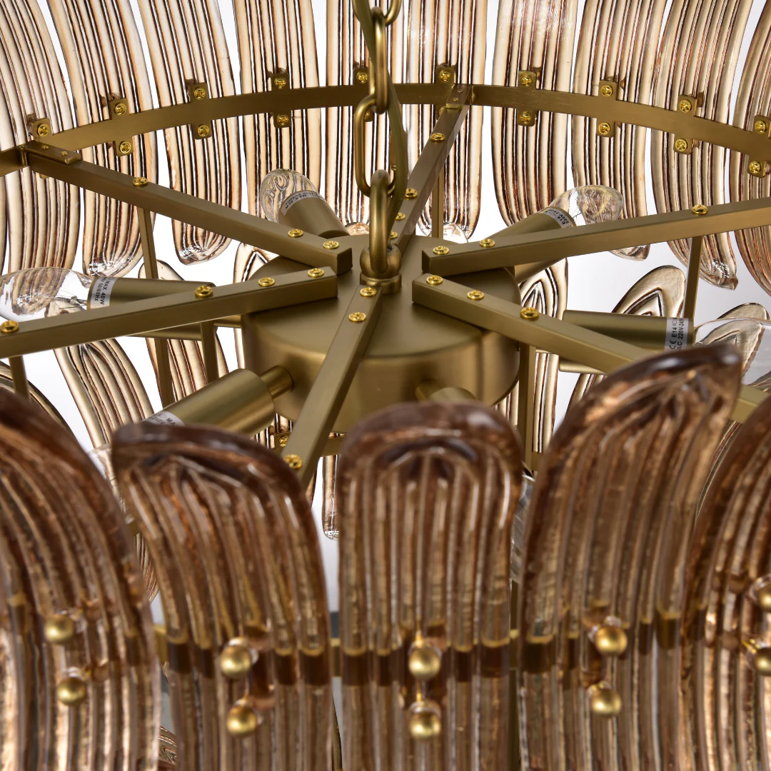 Willow Brass Hairline Finish Amber Glass Chandelier - Image 8